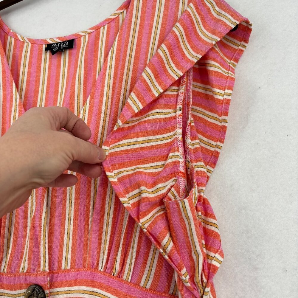 A.N.A Midi Shirt Dress Size L Pink Orange Stripe Linen Blend Button Up Cap Sleev - Picture 4 of 14